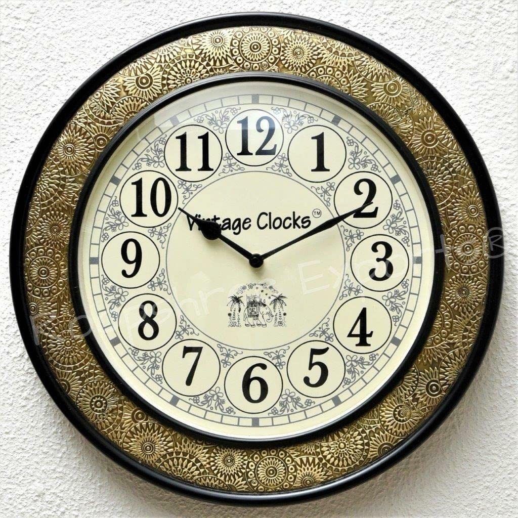 Wooden Wall Clock – Vintage Solid Pine Wood Hand-Crafted Brass Inlay Design